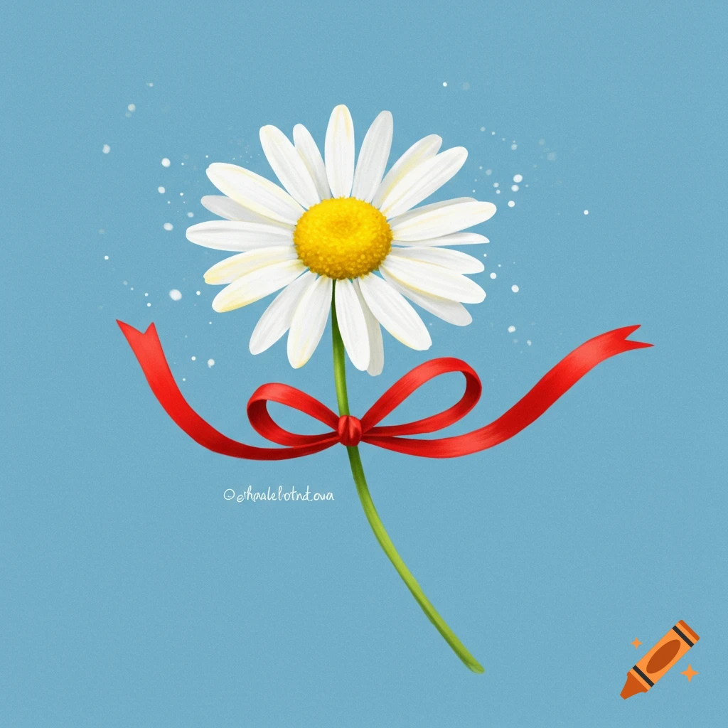 An illustration of a daisy flower with a red ribbon tied around the stem, set against a blue background.
