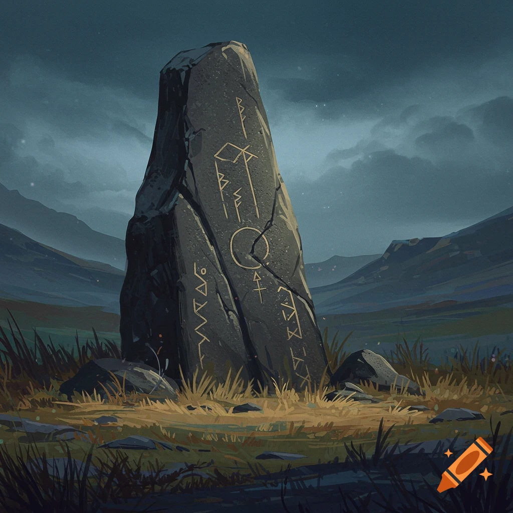 A large, dark standing stone carved with glowing runes sits in a grassy landscape under a cloudy night sky.