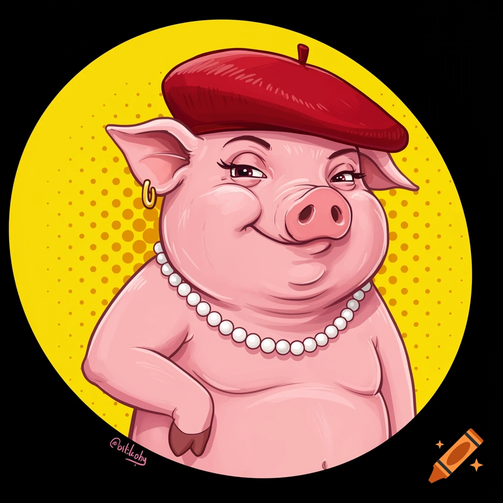 Cartoon illustration of a sassy pig wearing a red beret and pearl necklace.