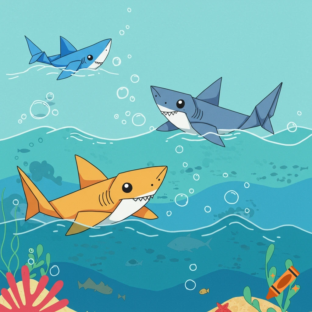 Cartoon illustration of cute origami sharks swimming underwater with bubbles and coral.