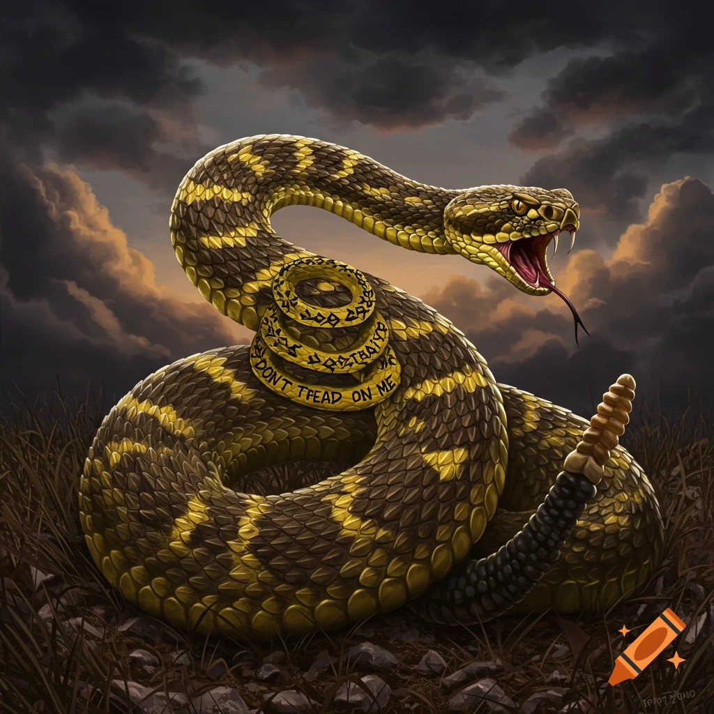 Detailed illustration of a coiled rattlesnake with 'DON'T TREAD ON ME' on its body against a cloudy sky.