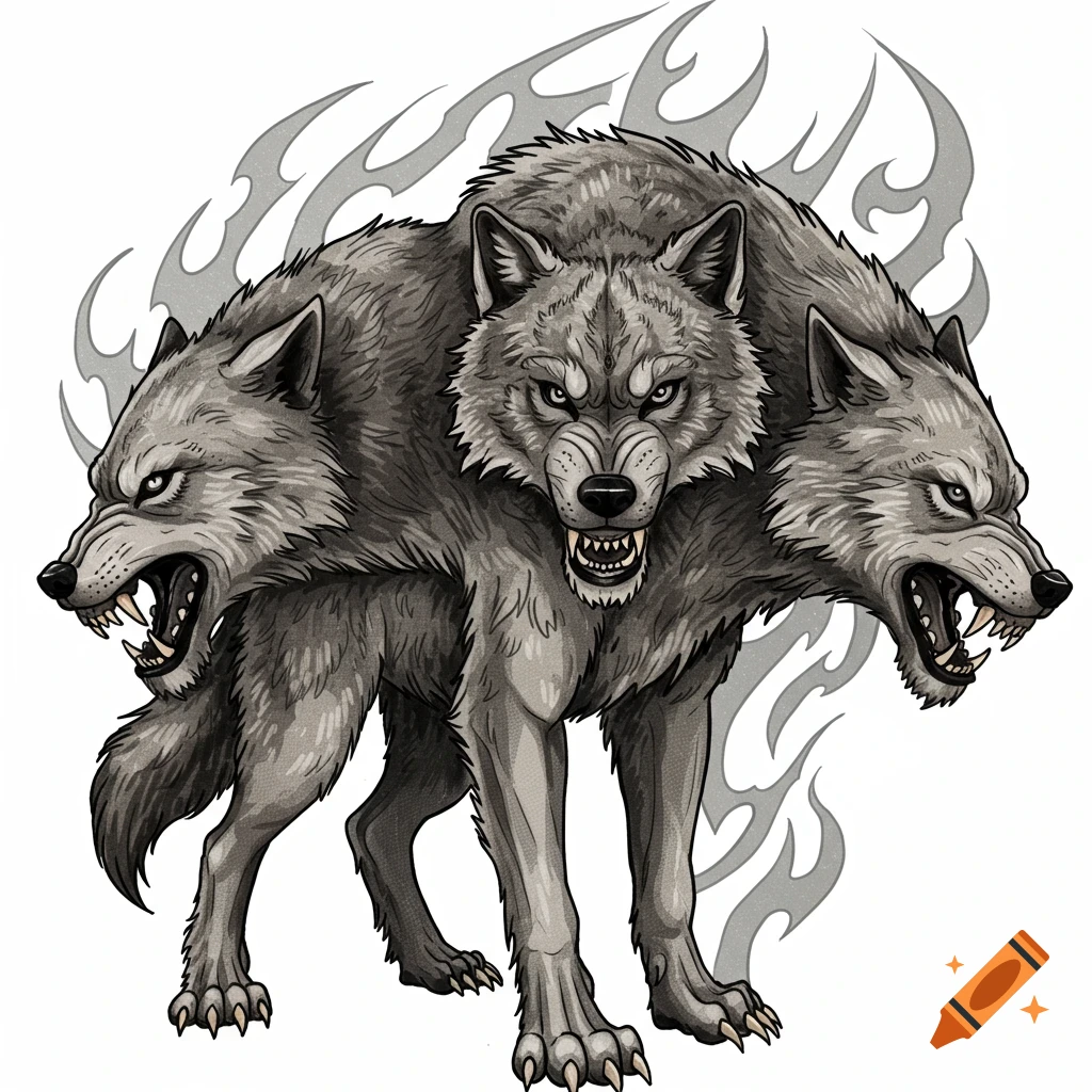 A full-body illustration in tattoo style of a fierce grey three-headed wolf with stylized shapes behind it.