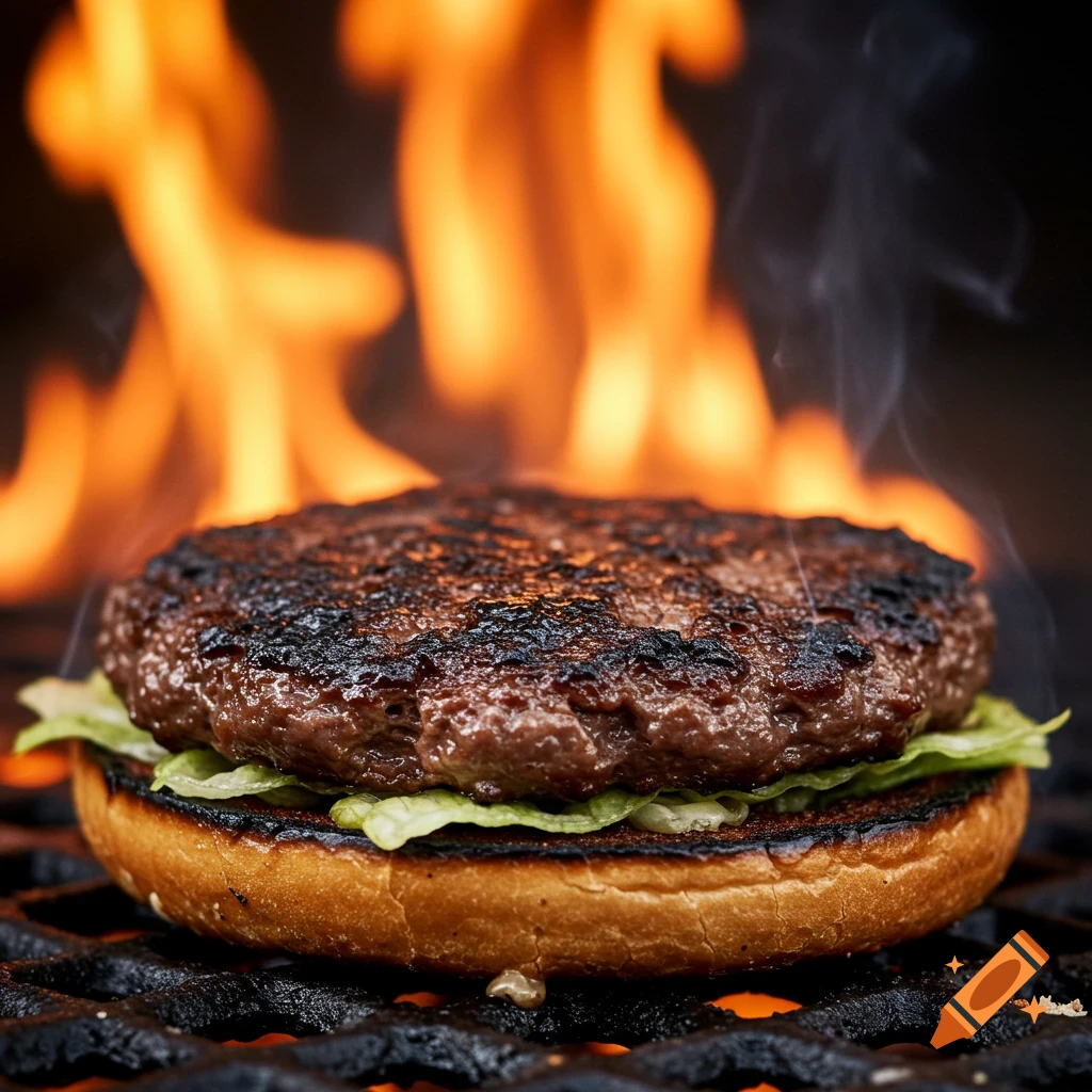 Close-up of a burger patty and bun with lettuce grilling over open flames.