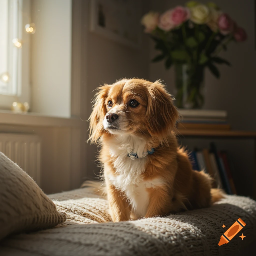 A small brown and white dog sits on a blanket near a window, sunlight streaming in.