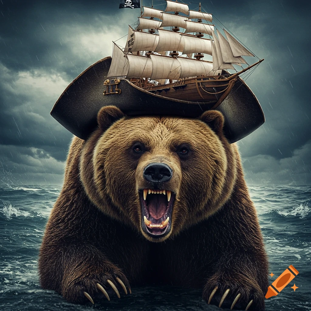 A snarling bear in the sea wearing a pirate hat shaped like a sailing ship
