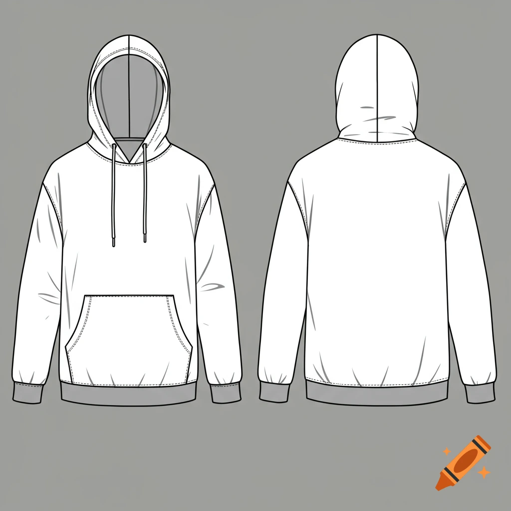 Front and back technical drawing outlines of a hoodie