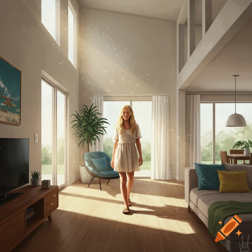 A woman walks through a sunlit modern living room.