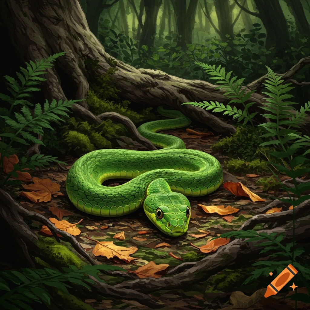 A vibrant green snake lies on the forest floor among leaves and roots, looking at the viewer.