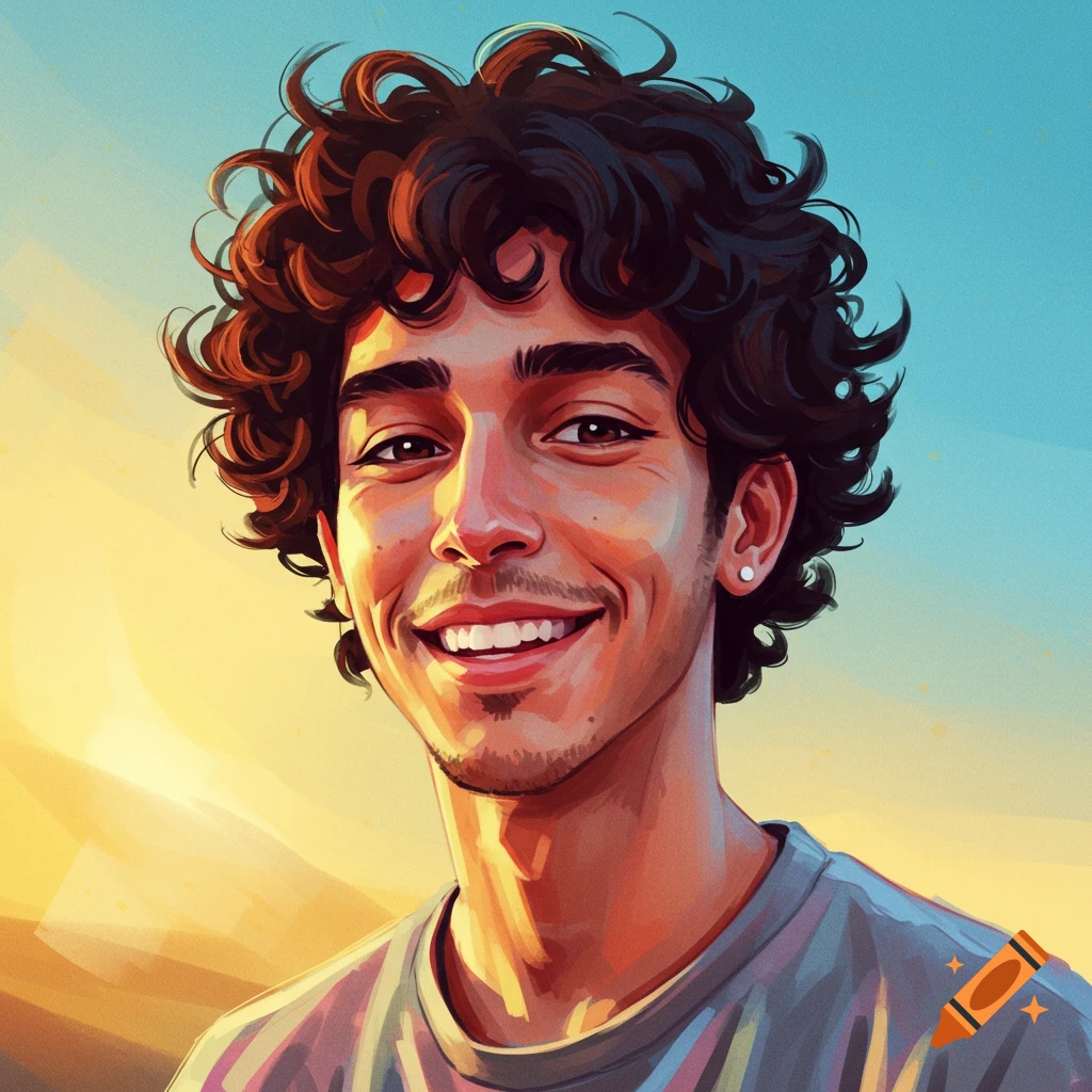 A young man with curly hair smiles in a vibrant illustrated portrait.