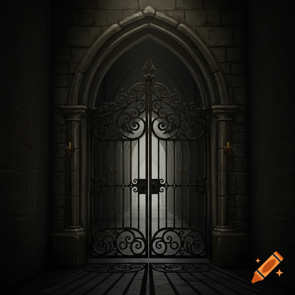 Dark stone archway and ornate wrought iron gate leading into a dim hallway