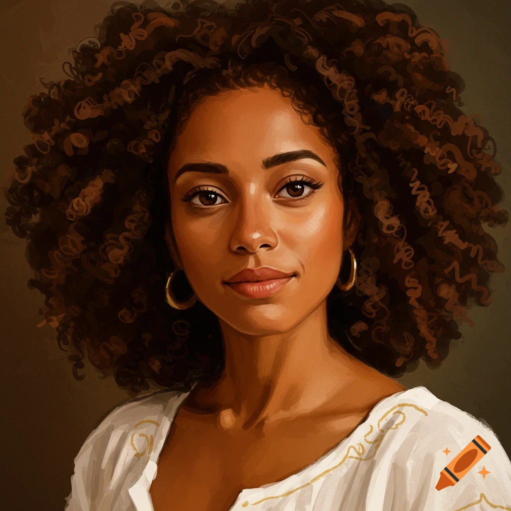 Portrait of a woman with dark curly hair wearing a white shirt with gold trim, painterly style.