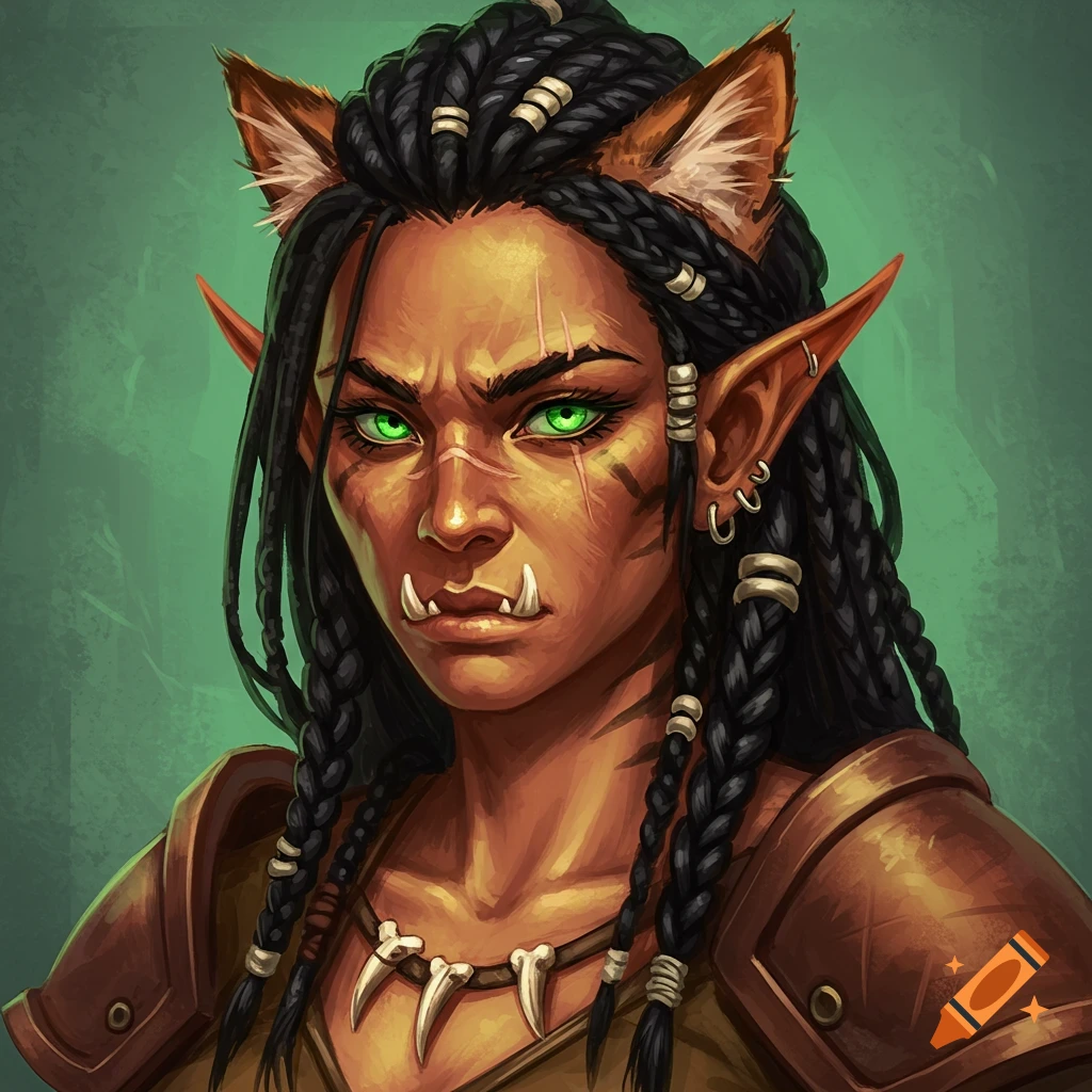 A fantasy character portrait of a woman with green eyes, tusks, pointed ears, braided hair, and cat-like ears, wearing armor.