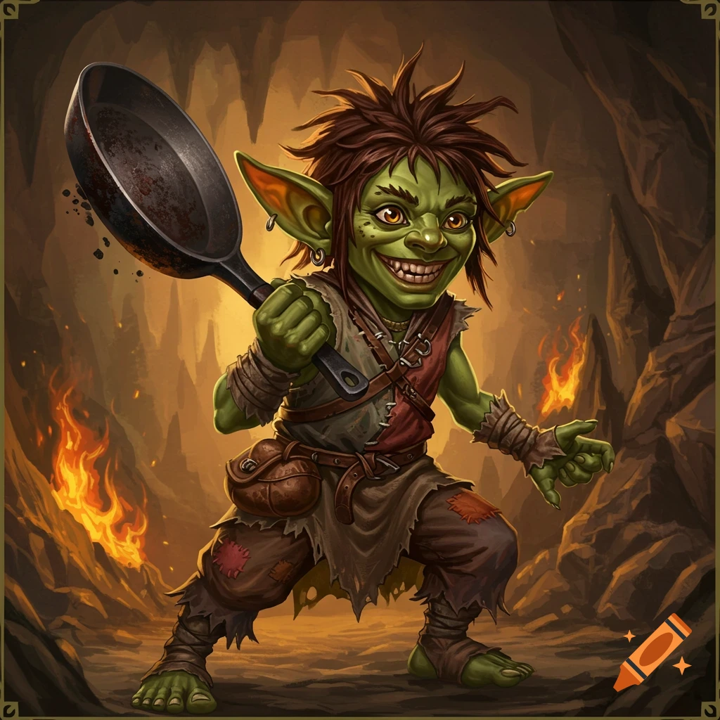 A grinning goblin with green skin and spiky brown hair stands in a cave holding up a frying pan. Fires burn in the background.