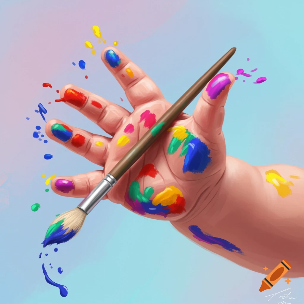 A baby's hand covered in colorful paint holding a paintbrush