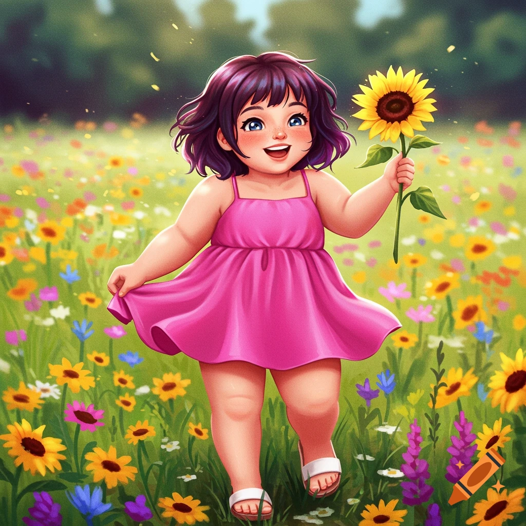 An illustration of a smiling young girl in a pink dress holding a sunflower in a field of flowers.