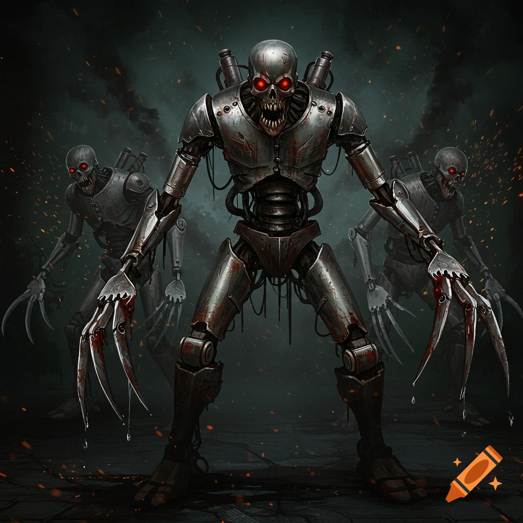 Three horror-style robot monsters with glowing red eyes and sharp, blood-covered claws stand in a dark, smoky scene.