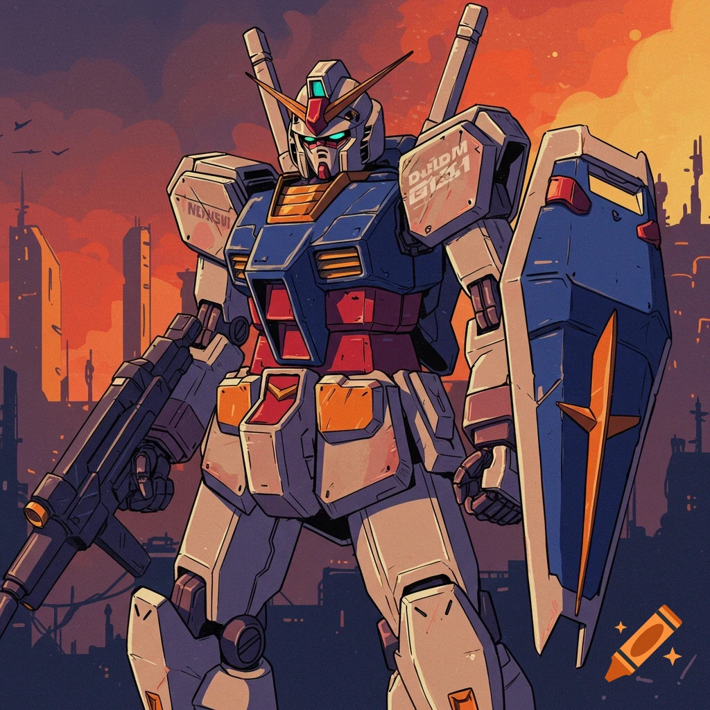 A giant robot resembling a Gundam stands in a city landscape at sunset in anime style.