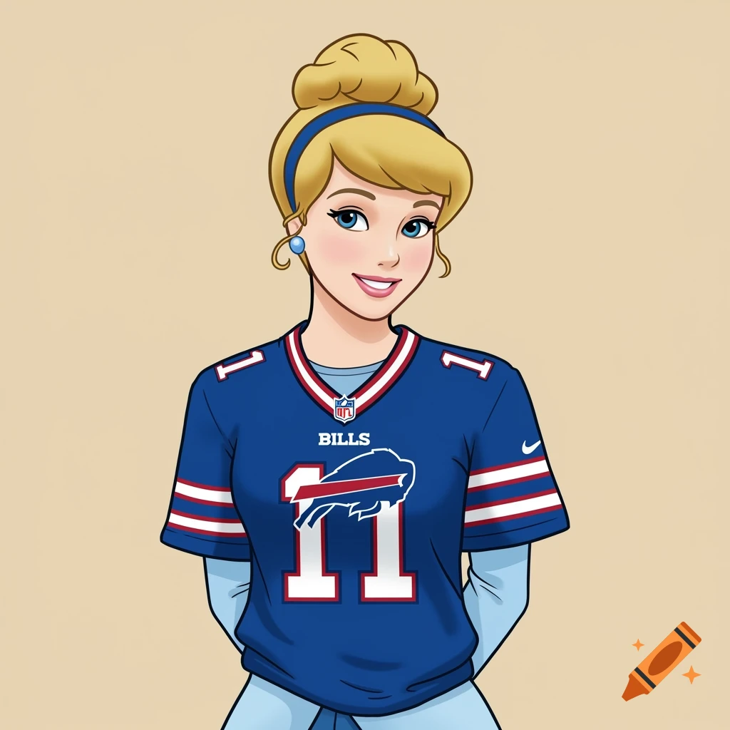 Cartoon drawing of a blonde princess wearing a blue Buffalo Bills jersey.