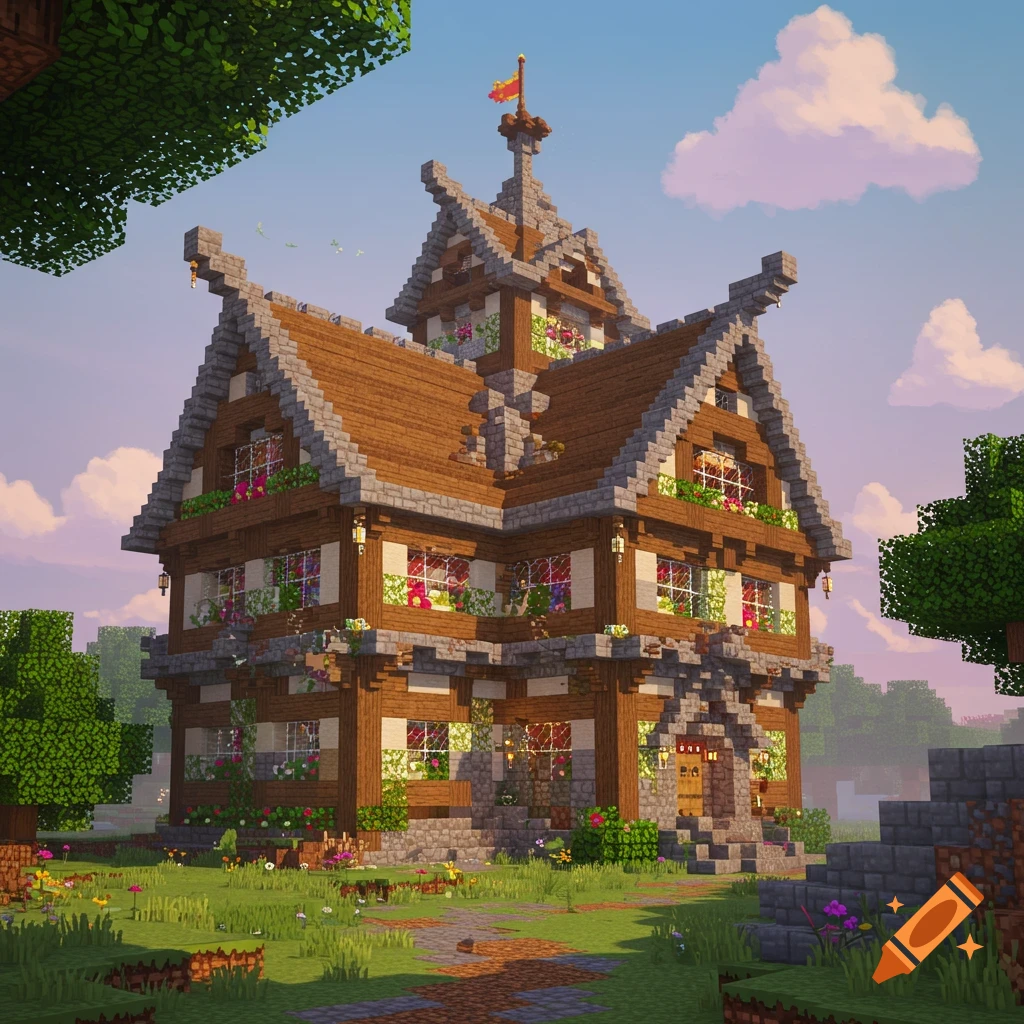A detailed medieval-style house built in Minecraft.