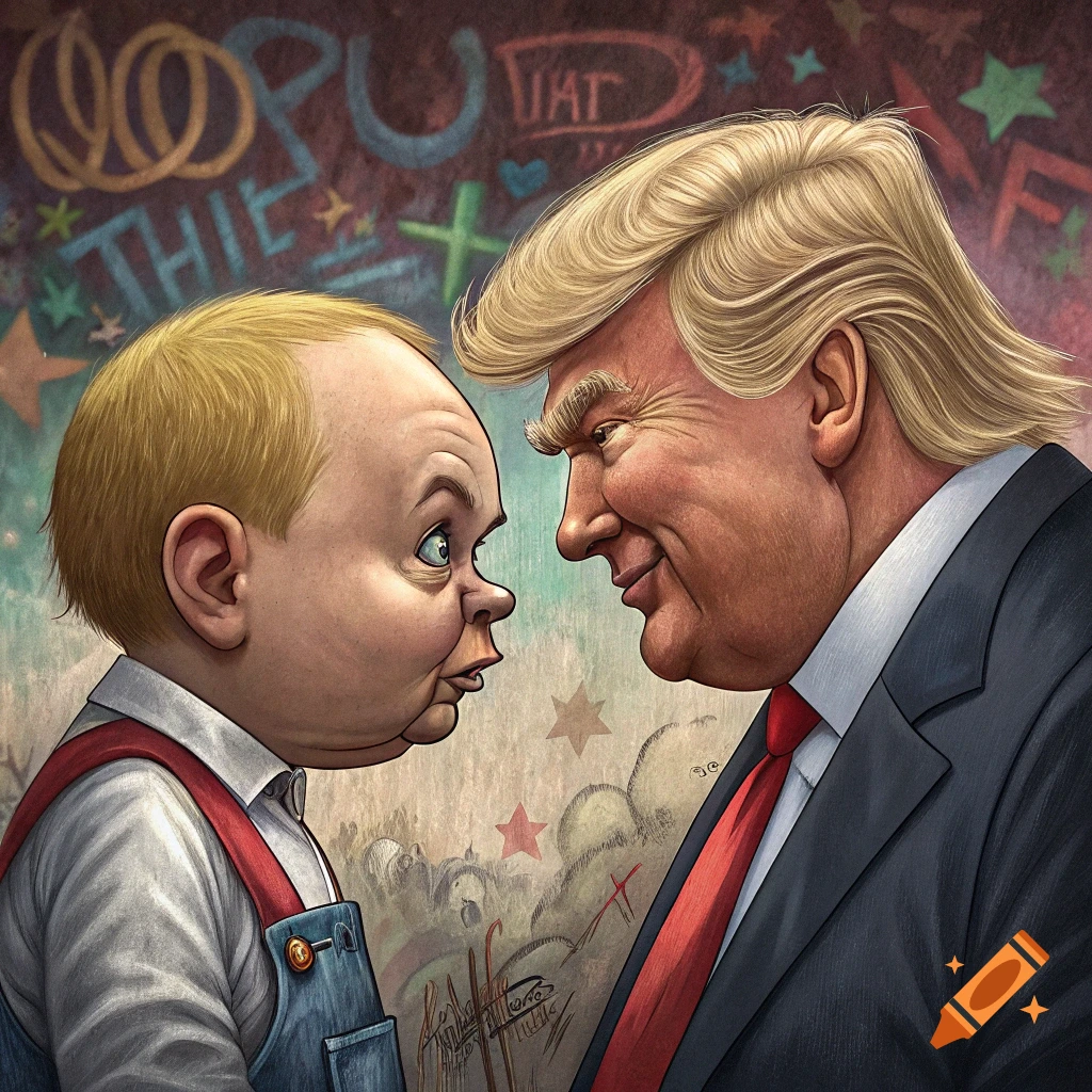 Caricatures of Donald Trump and Vladimir Putin in Garbage Pail Kids style, facing each other.