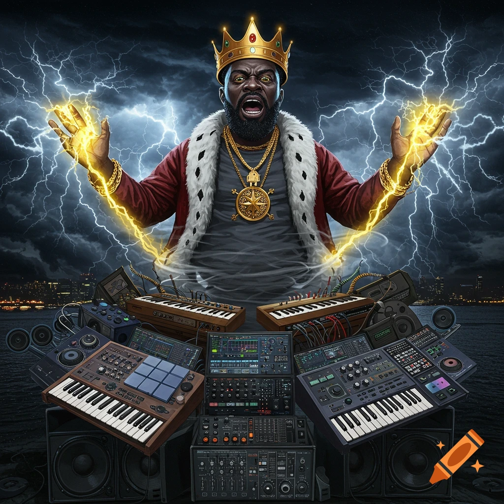Digital art of a king casting lightning surrounded by synthesizers and subwoofers under a stormy sky.