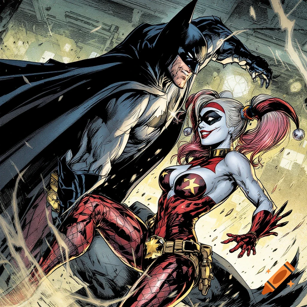 Comic book illustration of Batman and Harley Quinn.