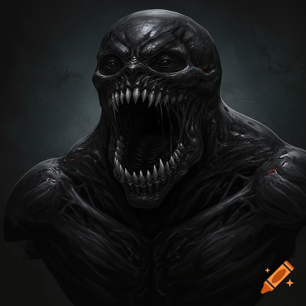 Close-up portrait of a black, monstrous creature with glowing eyes and a gaping mouth full of sharp teeth