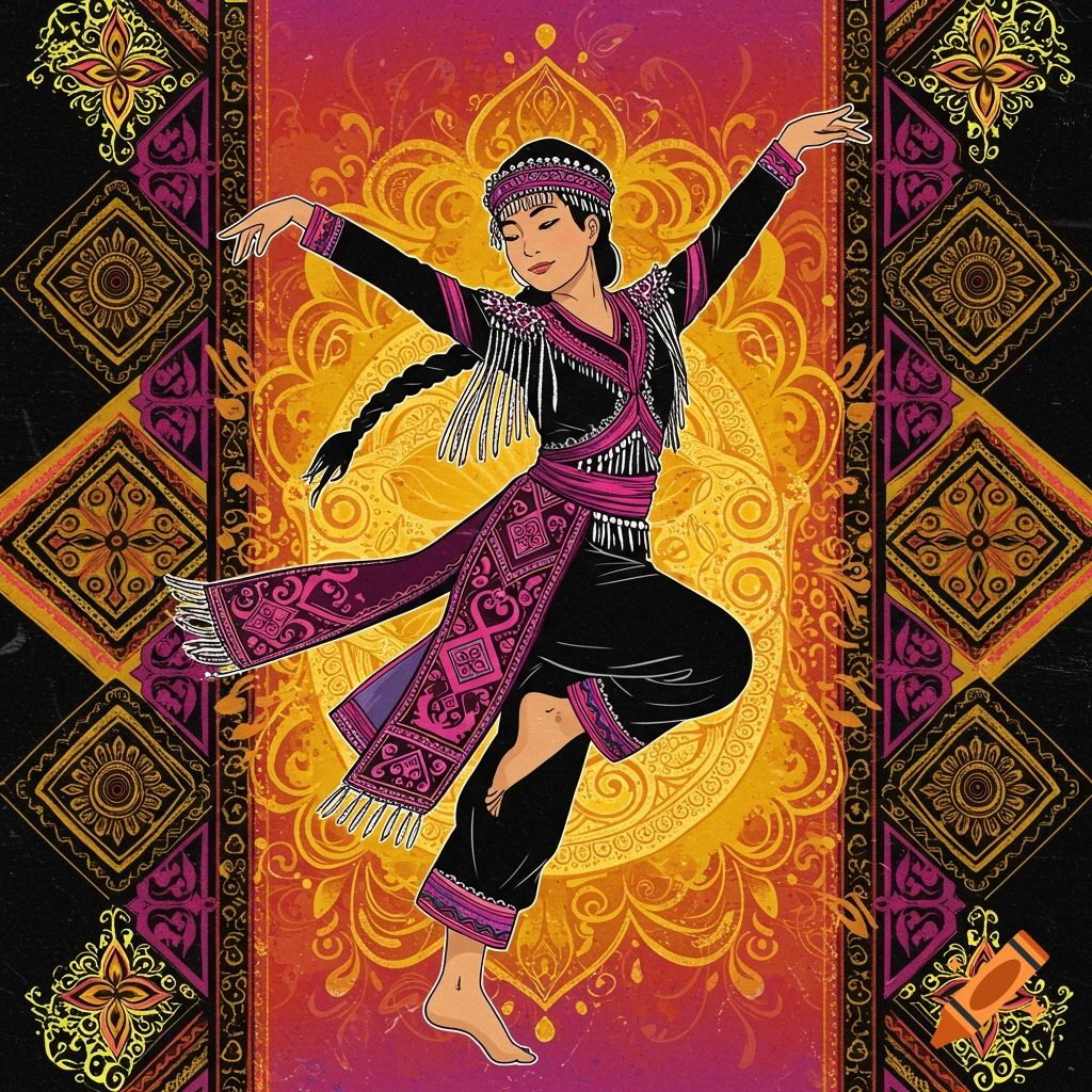 Hmong dancer in traditional clothing against patterned pink, yellow, and black background in clip art style.