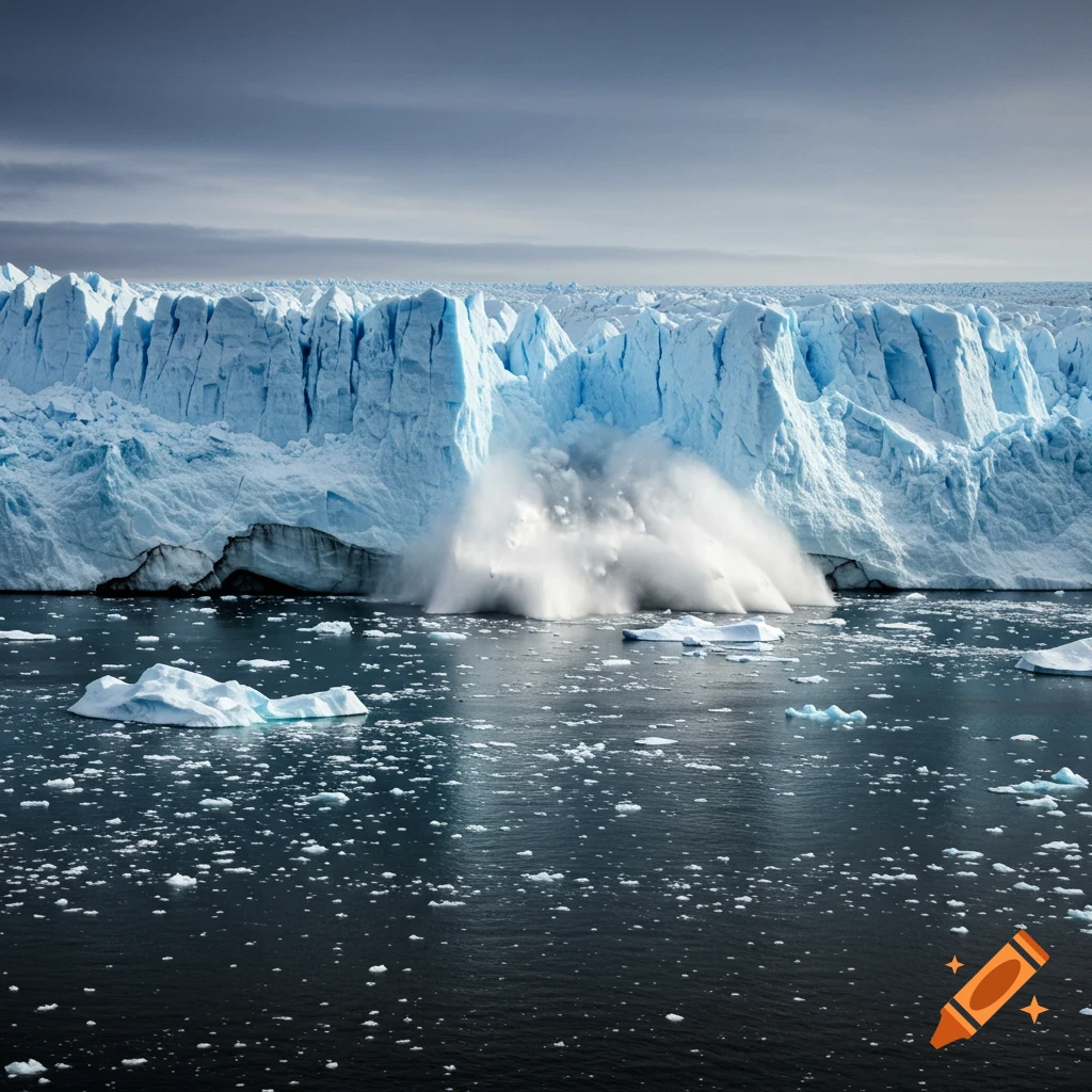 A large glacier wall calves into the dark water, creating a splash and surrounded by smaller ice chunks.