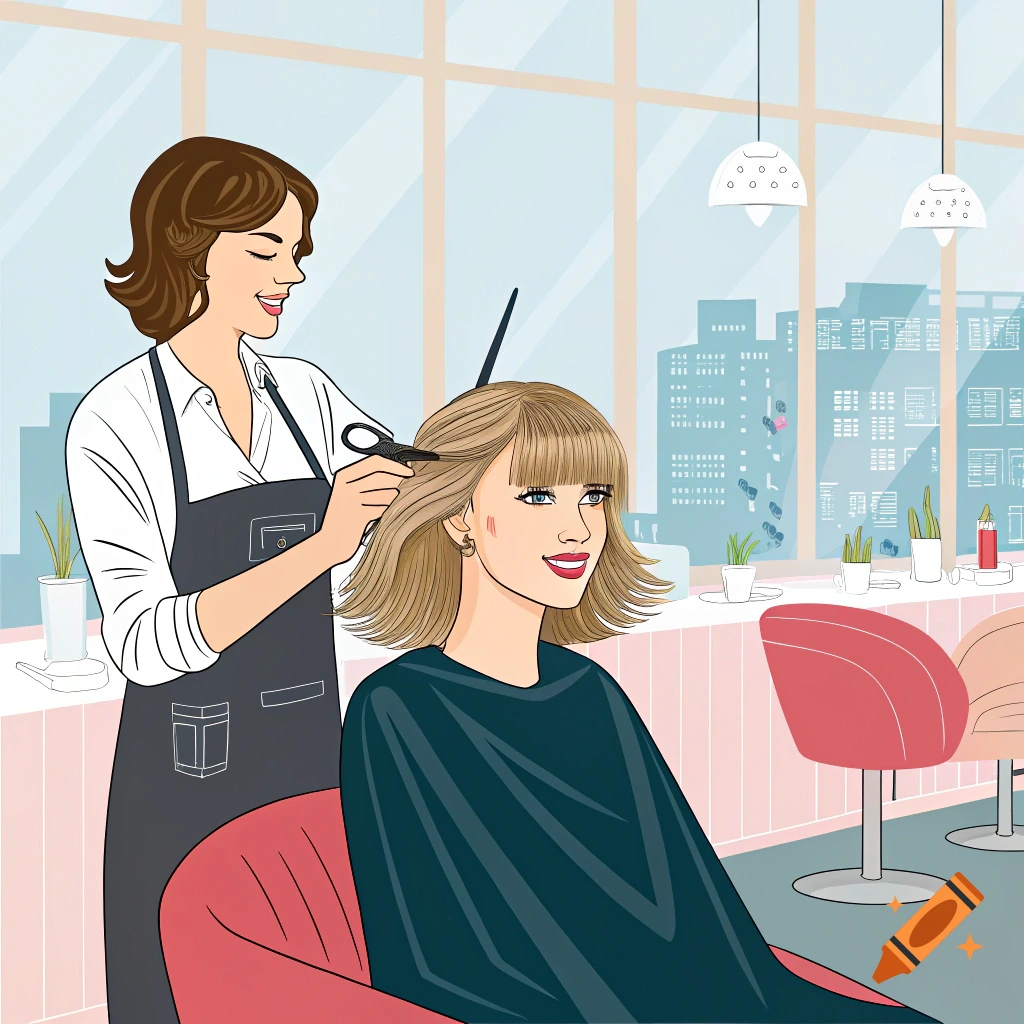 An illustration of a stylist giving a woman a haircut in a salon.