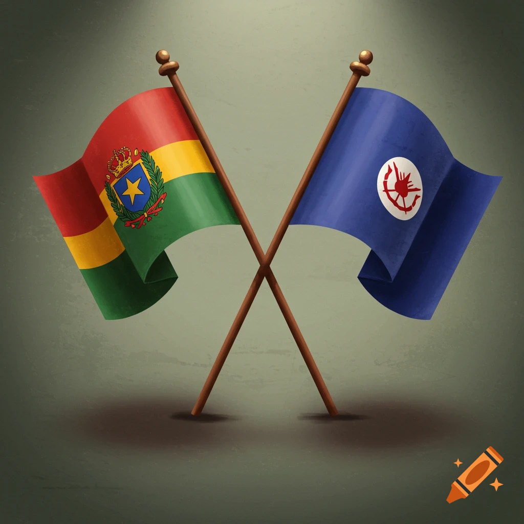 Two crossed flags on poles: one red, yellow, green with a crest, the other blue with a white circular symbol, illustrated style.