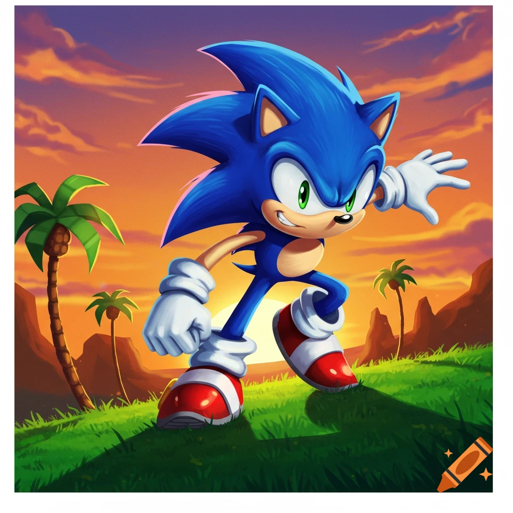 Sonic the Hedgehog running through a grassy landscape at sunset