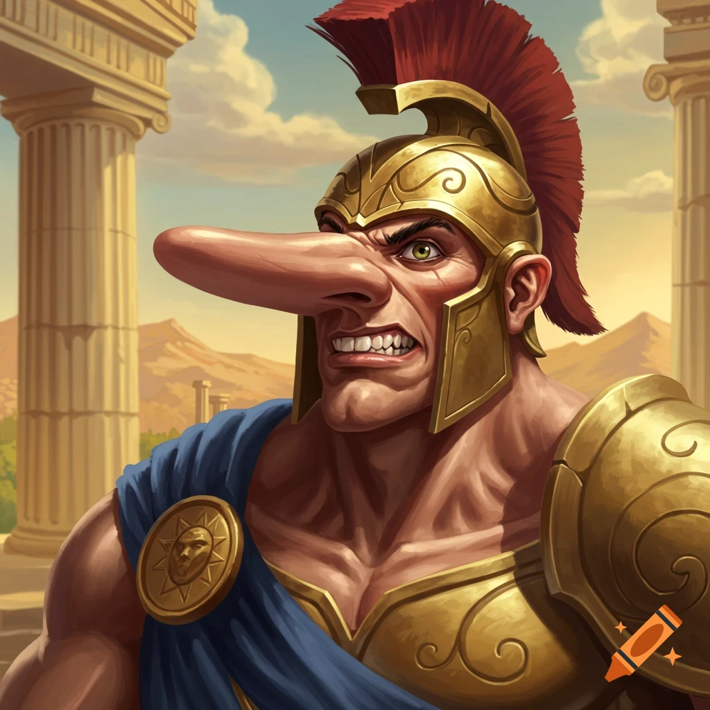 Stylized illustration of a muscular man in golden Greek armor with a long nose, standing before ancient columns.