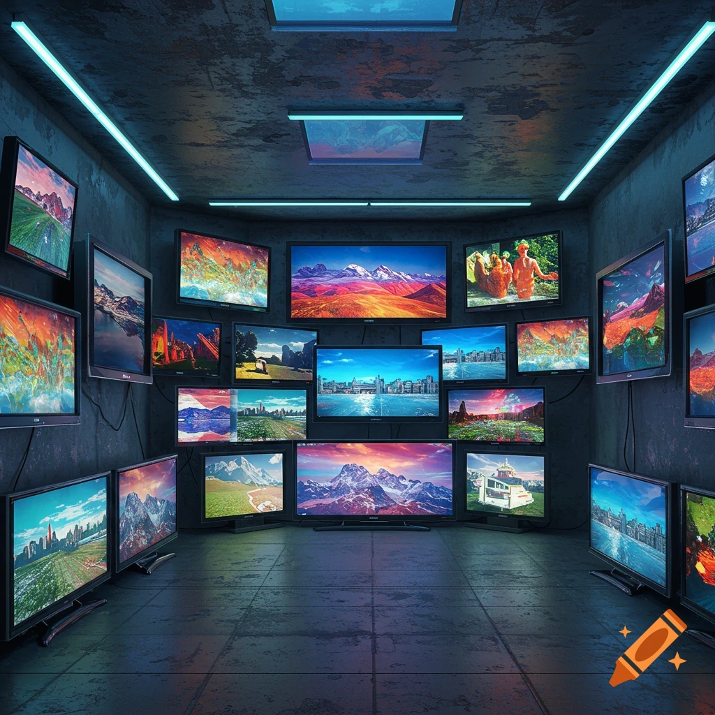 A room filled with multiple large screens displaying various landscape and city images.