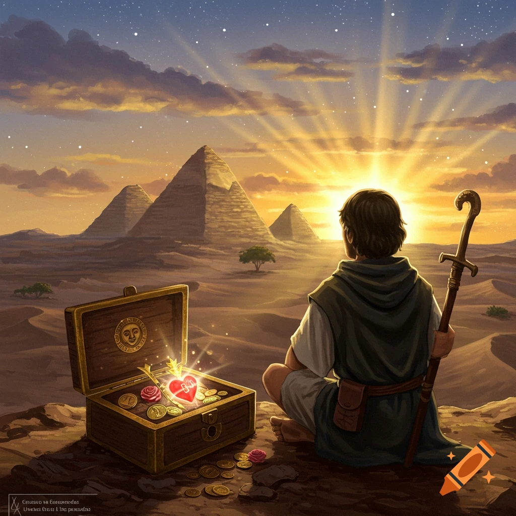 A person sits in the desert, looking at pyramids and an open chest with glowing treasures at sunset.