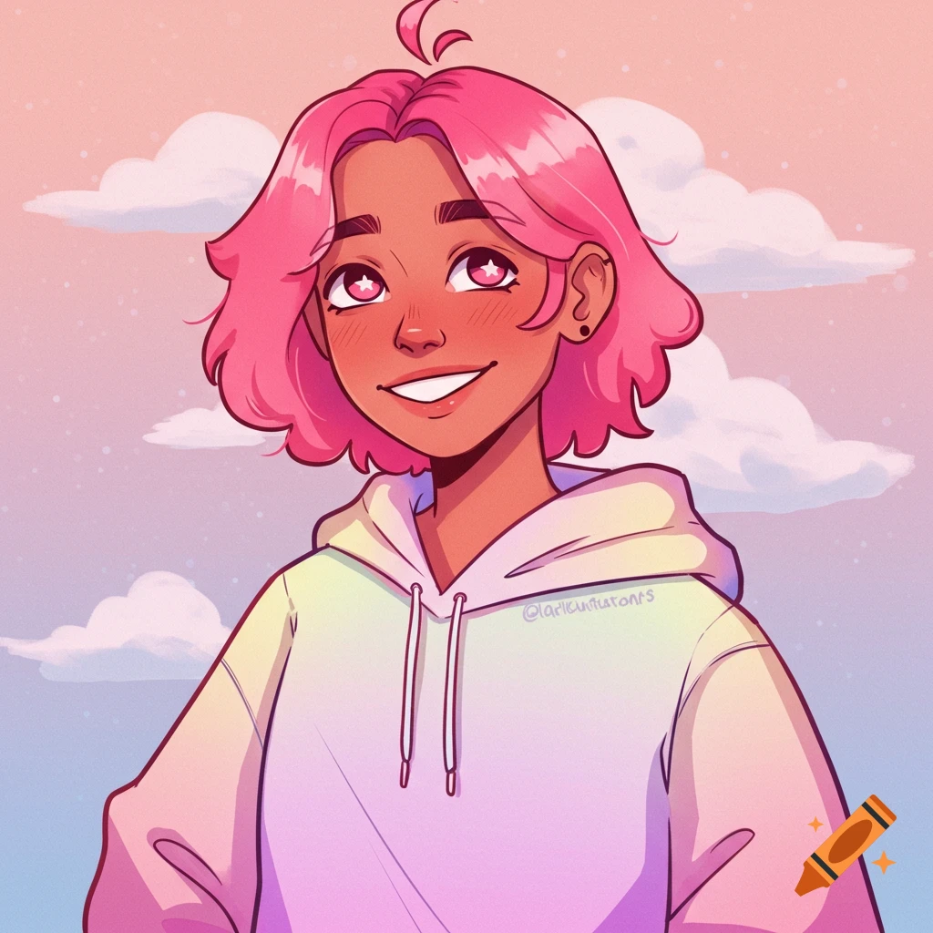 Illustration of a smiling person with pink hair and a hoodie against a cloudy sky.