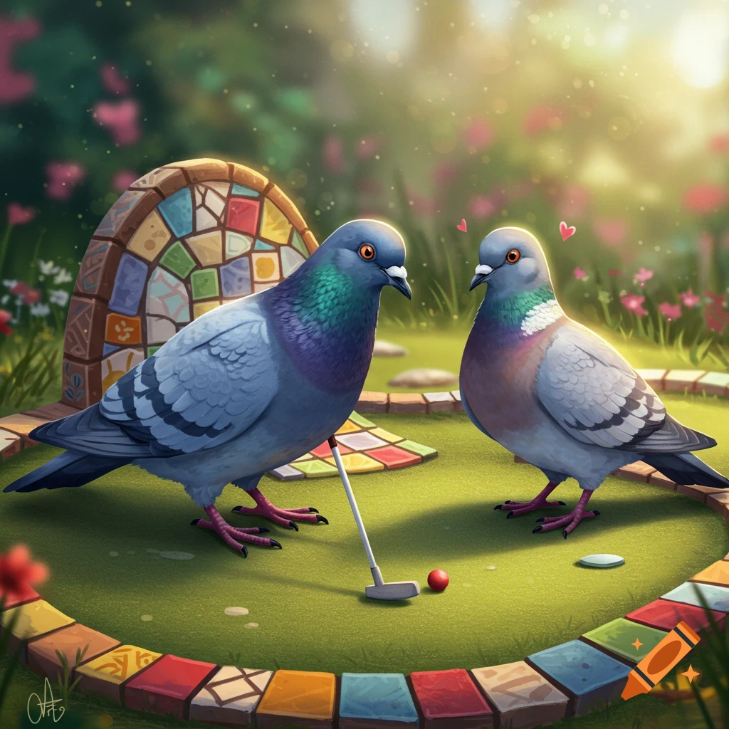 Two pigeons playing miniature golf in a colorful garden.