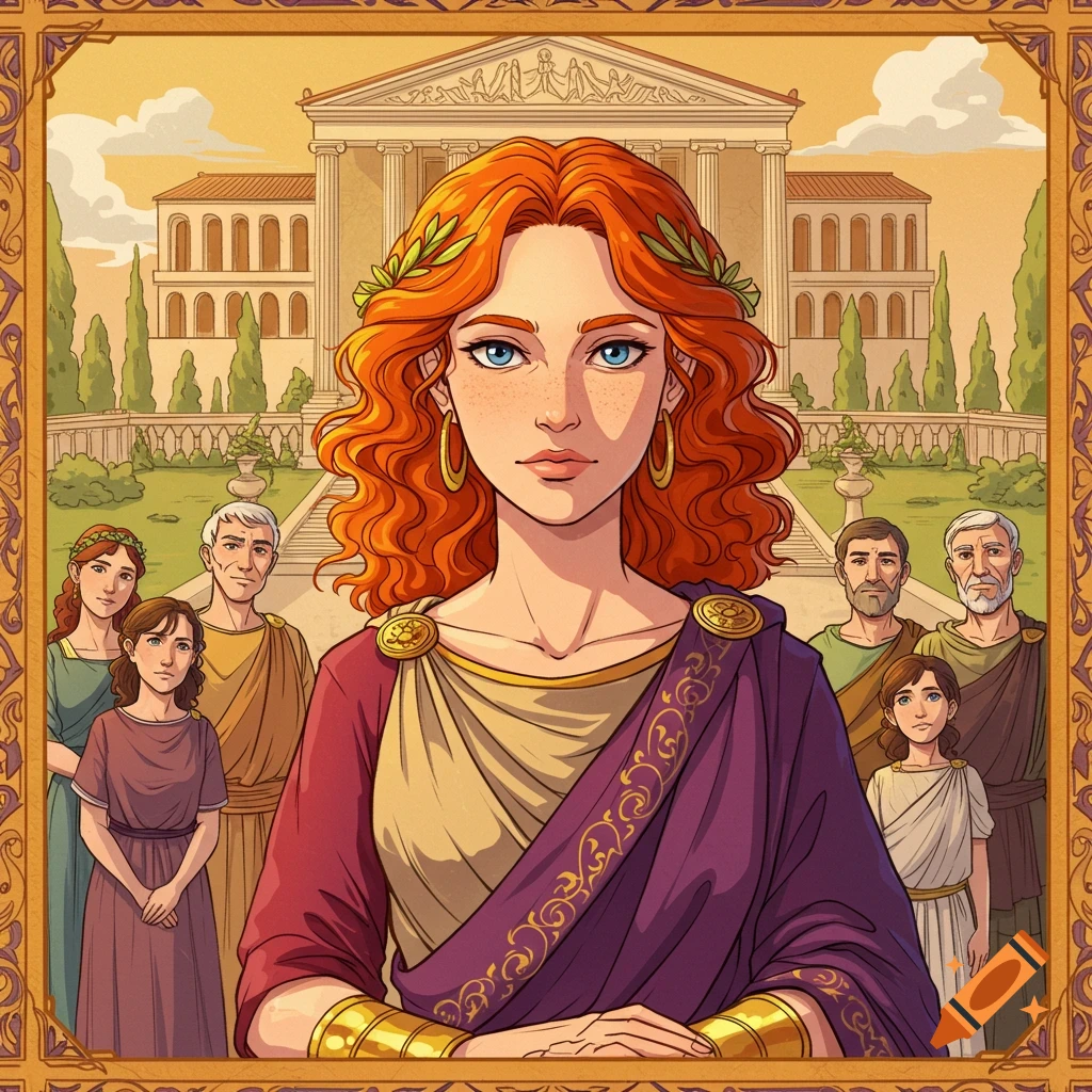 Illustration of a woman in Roman attire with other figures and a classical building.