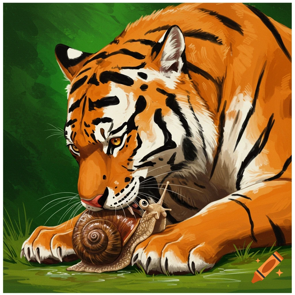 Illustration of a large tiger looking down at a small snail on the ground, with the tiger's paw resting on the snail's shell.