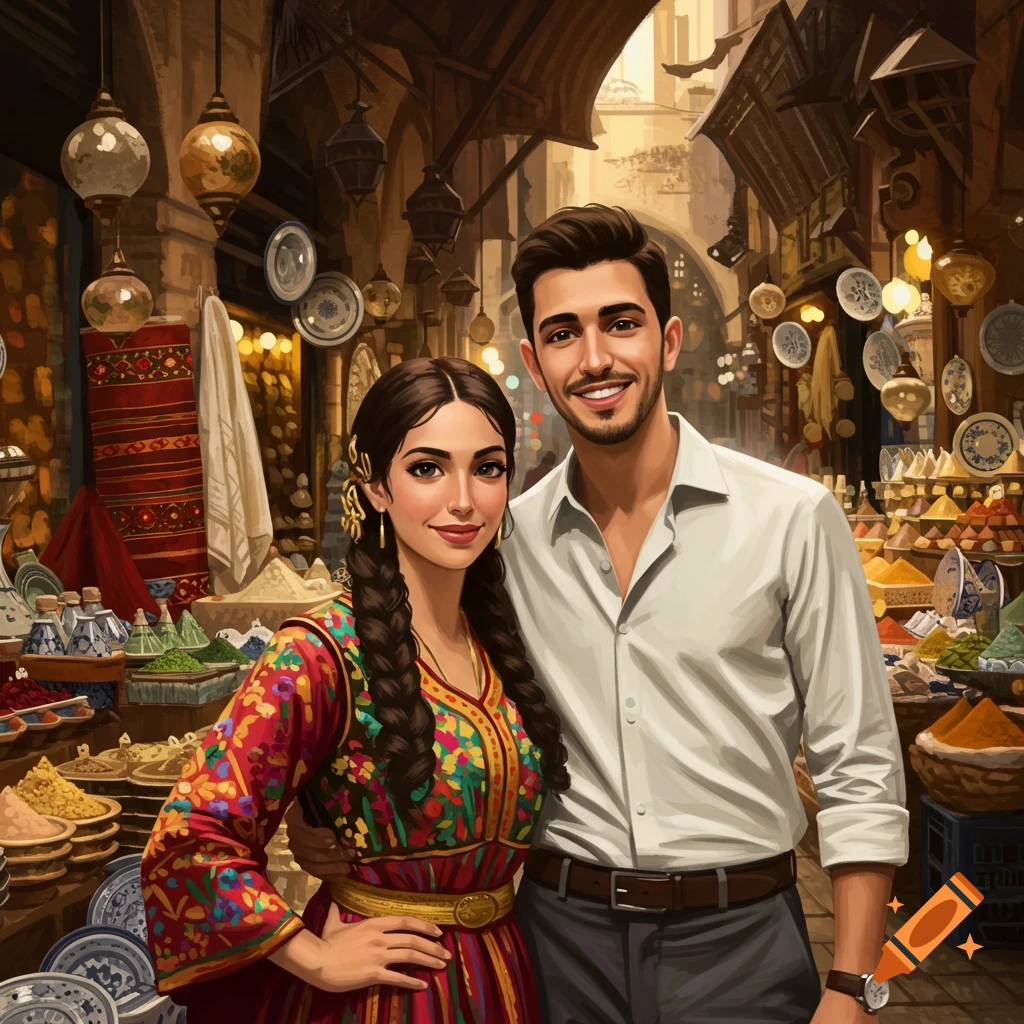Smiling couple in a colorful marketplace with stalls of spices and goods