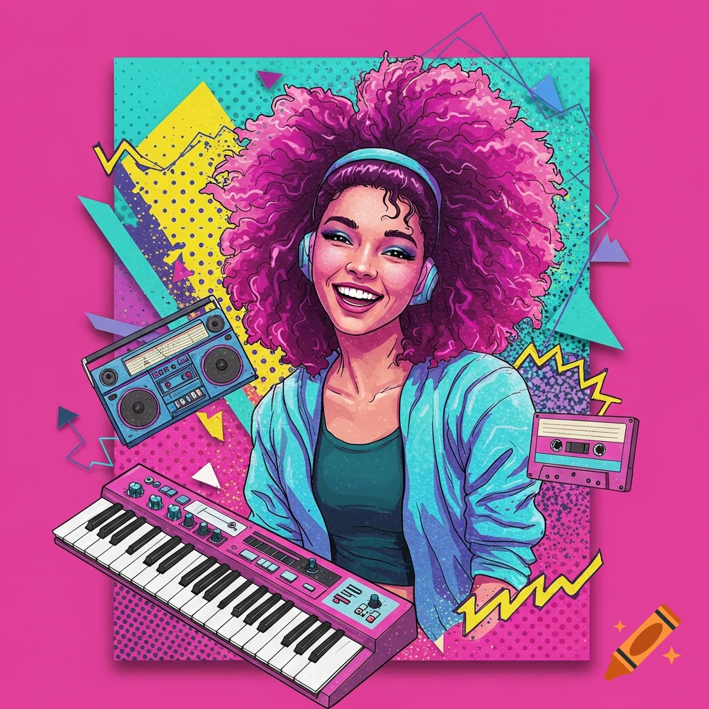 Woman with pink curly hair and headphones with a keyboard, boombox, and cassette tape in a vibrant 80s pop art style.