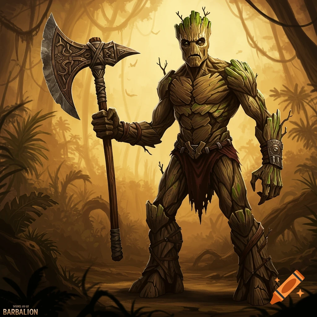 A barbarian-style Groot character, a tree-like creature, holds a large axe in a jungle.