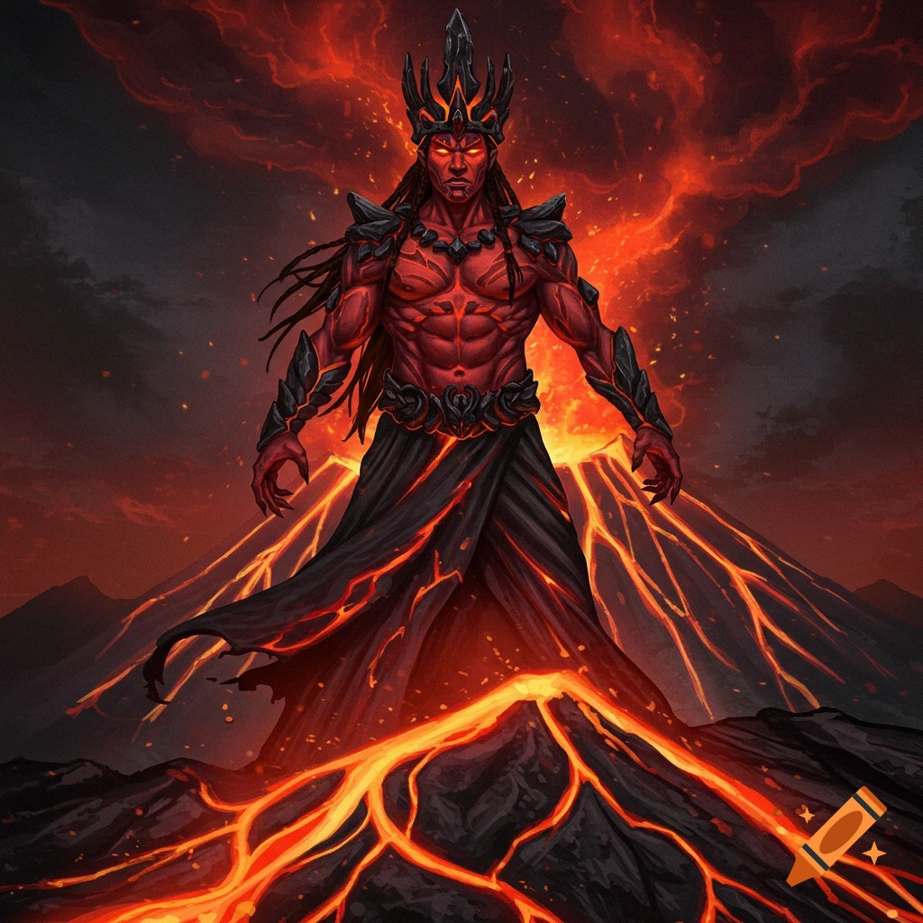 Powerful red-skinned male figure with a crown stands on a fiery volcano, surrounded by lava and smoke.