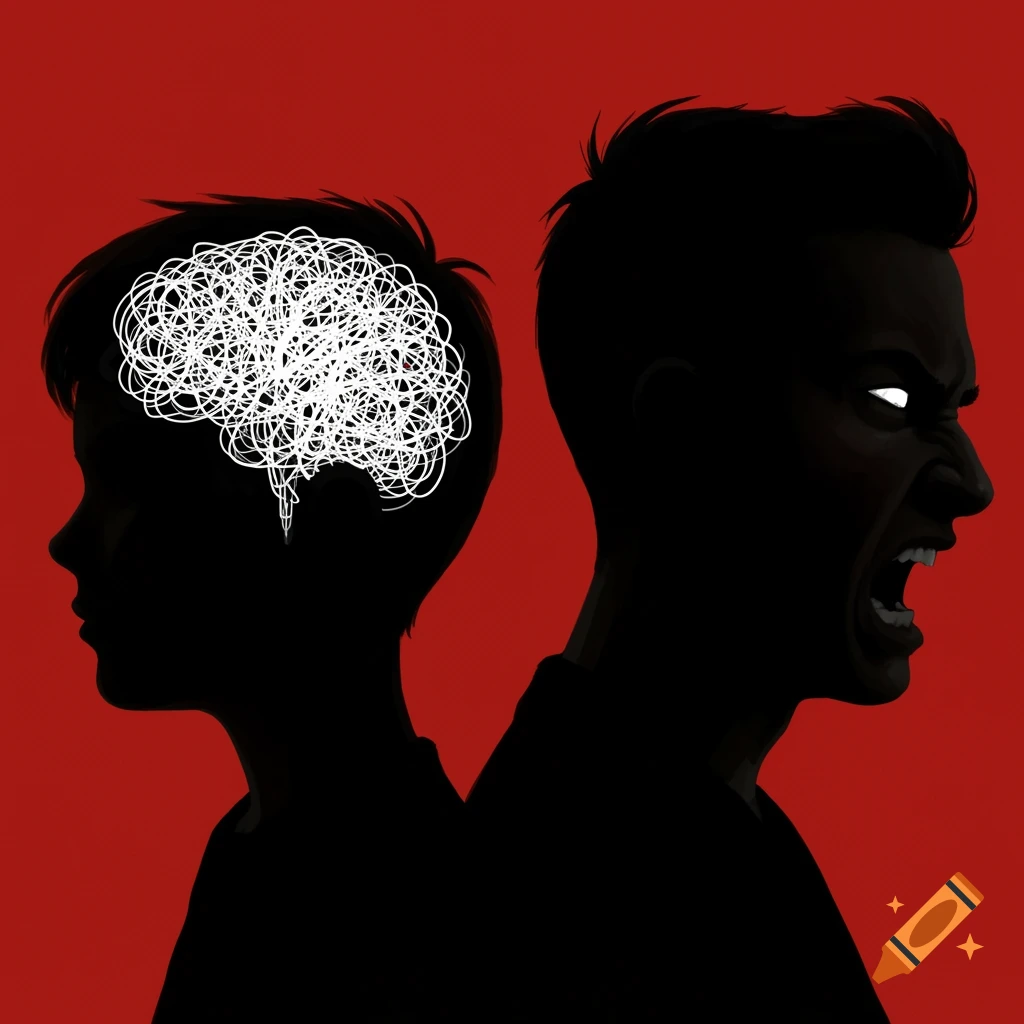 Silhouettes of a boy and an angry man on a red background. The boy's head contains a tangled white scribble.