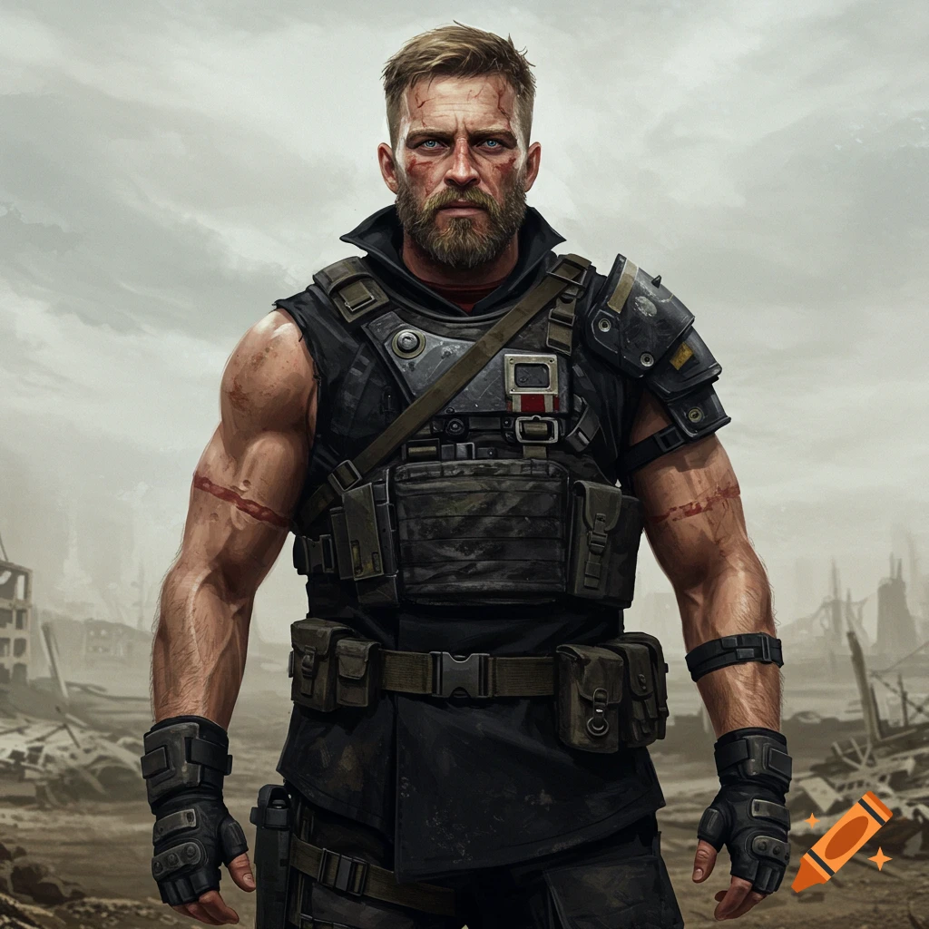 Muscular man in black tactical gear standing in a post-apocalyptic wasteland.