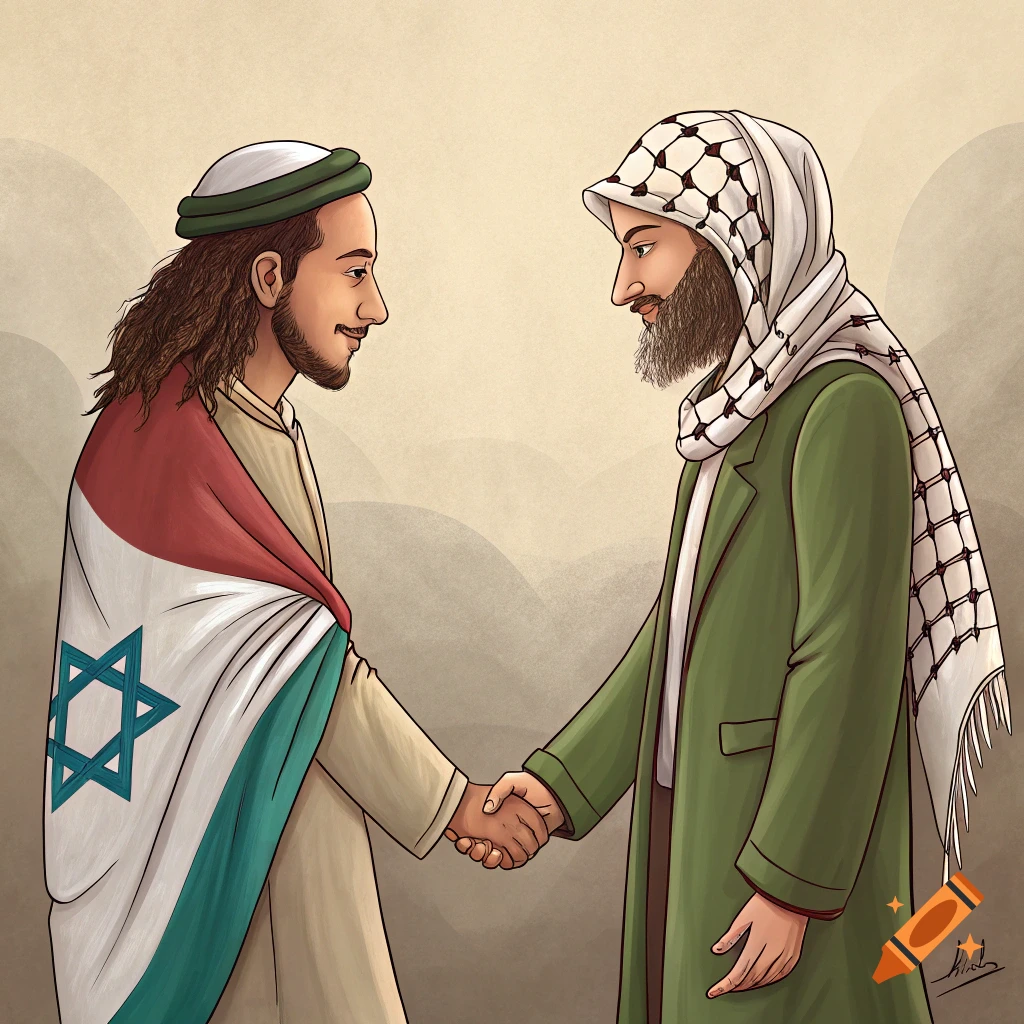 Illustration of two men, one with an Israeli flag and one with a keffiyeh, shaking hands.