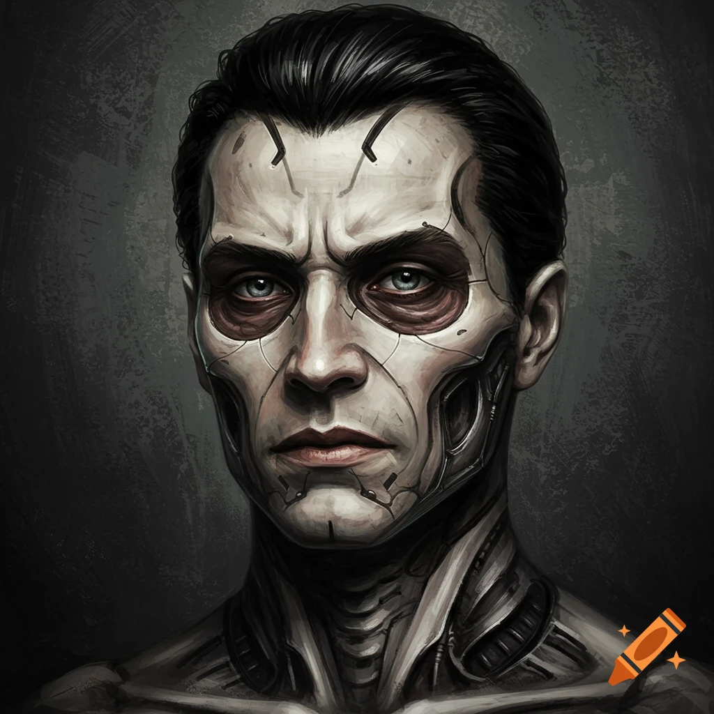 Portrait of a person with cyborg features in a dark, artistic style.