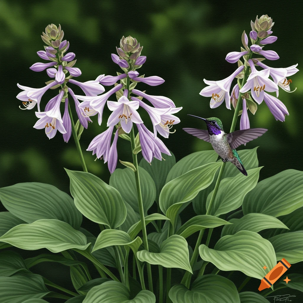 A hummingbird flies near blooming hosta flowers in a detailed illustration.