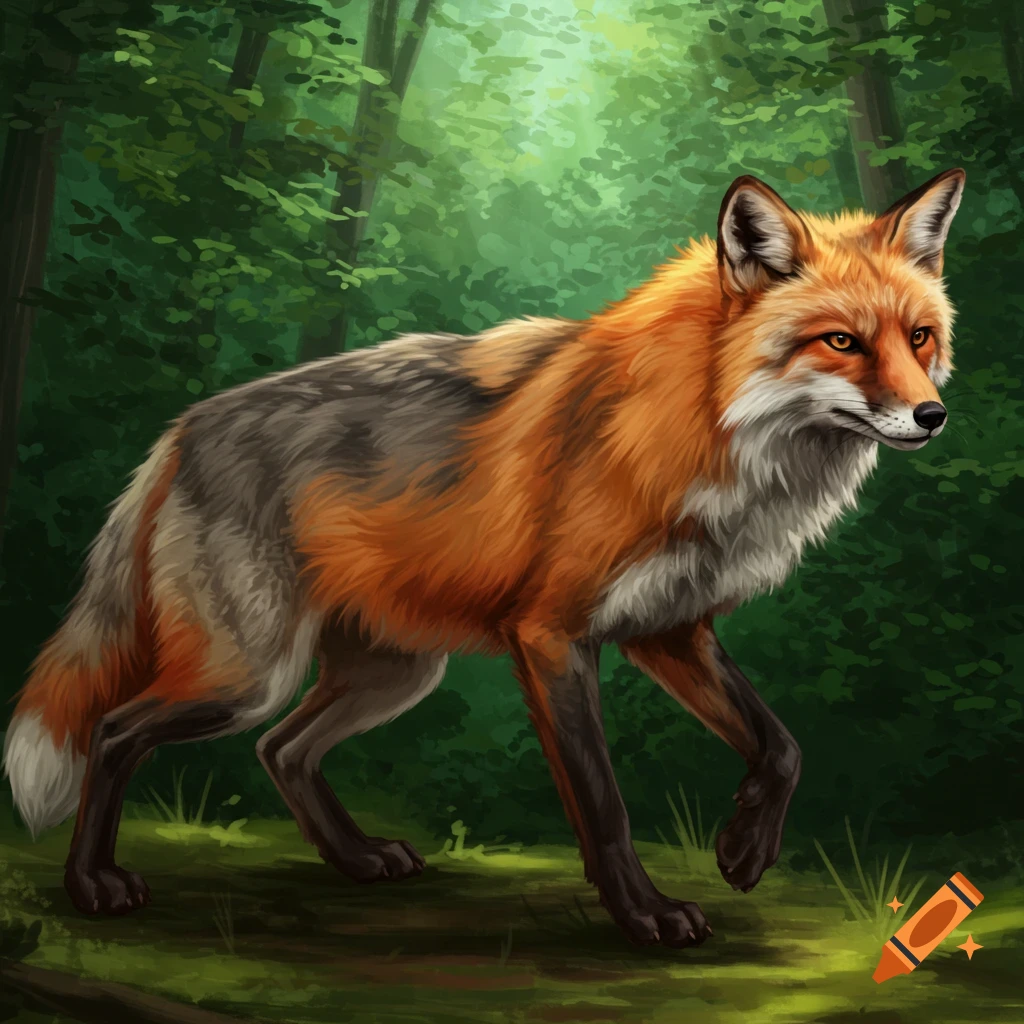 An illustration of a creature, a mix of a fox and a wolf, walking through a forest.