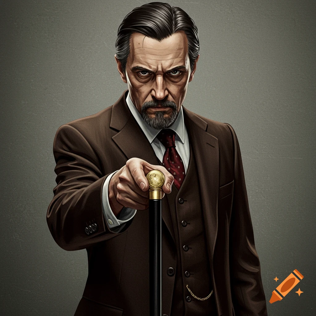 Stern man in suit pointing a cane